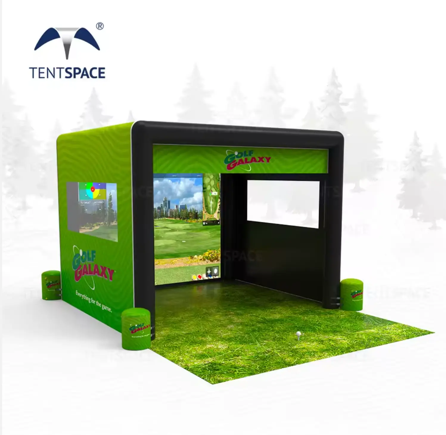 Side view of Golf Galaxy branded inflatable golf tent featuring high-definition projection screen and green branding.